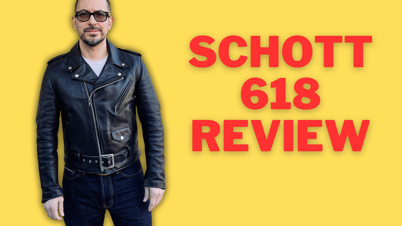 Model Wearing Schott 618 on yellow background with red letters "Schott 618 Review"