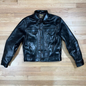 Black leather trucker jacket front